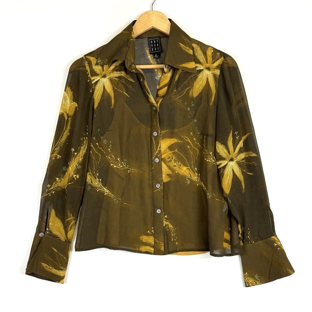 Vtg Due Per Due Women 8 Petite Khaki Tropical Noir Floral Sheer Shirt Top Luxe